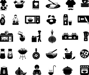 Black Cooking Icon Set. Vector Illustrations: Recipe, Chef, Ingredients, Food, Frying Pan, Oven, Utensils, Grill, Seasoning, Olive Oil, Butter, Milk, Flour, and More