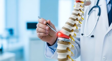 Modern medicine offers spinal surgery and disc replacement options for back pain relief, shown on a spine model with medical tools in a clean hospital setting for health solutions