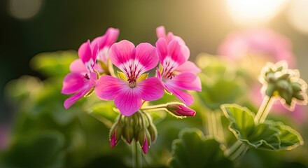 Fototapeta premium Beautiful Pink Geranium Flowers Bathed in Golden Sunlight