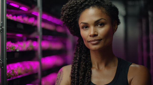 Confident woman in vertical farm with hydroponics technology. future of sustainable agriculture with plants growing under purple led light - Powered by Adobe