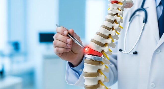 Modern medicine offers spinal surgery and disc replacement options for back pain relief, shown on a spine model with medical tools in a clean hospital setting for health solutions