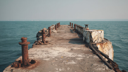 Lonely old derelict pier with rusty industrial bollards extends into calm sea water. An abandoned port view leading to horizon