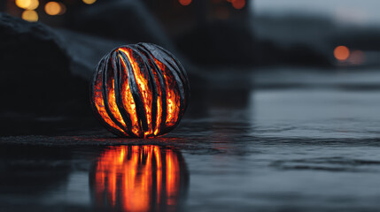 Mysterious glowing sphere with molten core radiating warm orange light. An abstract object on wet surface with reflection at night