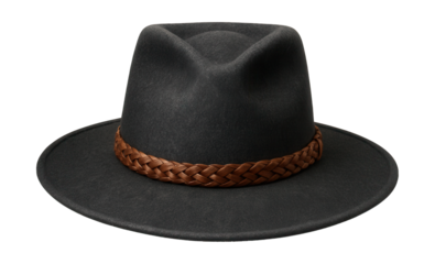 Handcrafted felt hat featuring a wide brim and braided leather accent.