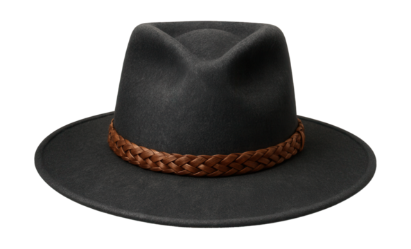 Handcrafted felt hat featuring a wide brim and braided leather accent.