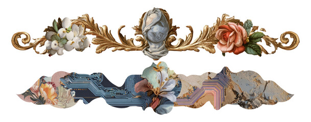 Vintage Retro Cutout Collage with Floral and Artistic Elements on Transparent Background