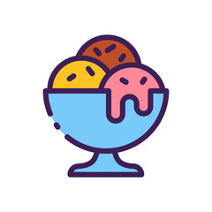 A Light Blue Ice Cream Bowl Filled With Three Scoops Of Ice Cream In Yellow Pink And Brown With Sprinkles On A Transparent Background With Purple Outline