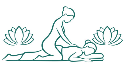 Obraz premium Stylized line art depicting a massage session with lotus flowers, symbolizing relaxation and wellness isolated on transparent background