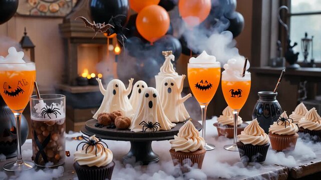 Halloween table with ghost-shaped sweets, pumpkins and orange drinks in cozy room. Festive celebration atmosphere