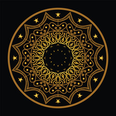A detailed hand-drawn circular golden mandala pattern with star accents and a dark, starry center, set against a black backdrop.

Keywords: