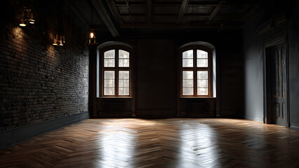 Dark vintage room interior with brick wall and parquet