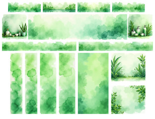 A vibrant bundle of watercolor green backgrounds, perfect for display ads, featuring soft textures, botanical elements, and serene landscapes.