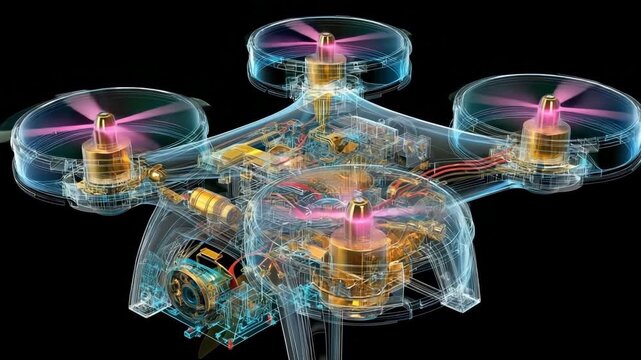 An autonomous drone quadcopter's interior construction and mechanics are seen in this futuristic x-ray depiction.