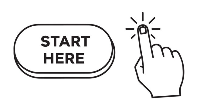 Start here button with a hand cursor pointing to it, isolated on transparent background