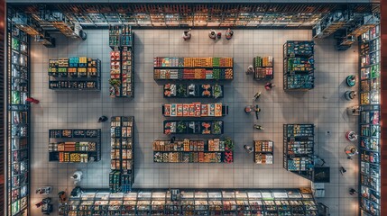 An overhead view of a modern supermarket with shelves stocked with various products and few people. The lighting creates a bright and inviting atmosphere.