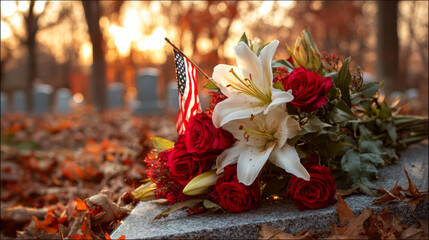 Veterans Day. Flowers at the grave. A bouquet of red roses and white lilies lies next to a headstone with an American flag against a backdrop of a row of graves.
