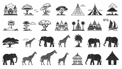African Safari and Culture Icon Set Silhouettes of diverse wildlife, savannah trees, traditional huts, and architectural landmarks for adventure designs