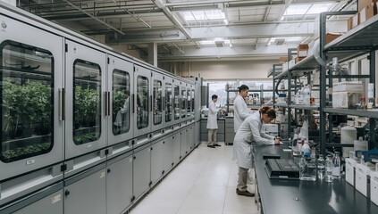 Obraz premium modern scientific laboratory with researchers working diligently on experiments, showcasing innovative technology and a focus on precision and advancement.