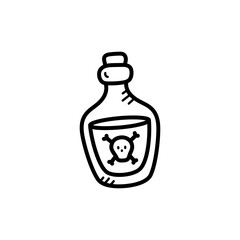 Doodle style icon of a glass bottle with poison liquid skull and crossbones symbol on transparent background