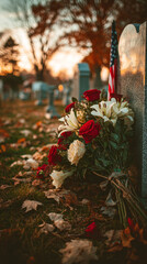 Veterans Day. Flowers at the grave. A bouquet of red roses and white lilies lies next to a headstone with an American flag against a backdrop of a row of graves.