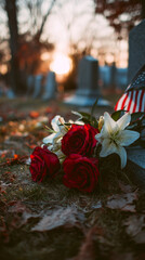 Veterans Day. Flowers at the grave. A bouquet of red roses and white lilies lies next to a headstone with an American flag against a backdrop of a row of graves.
