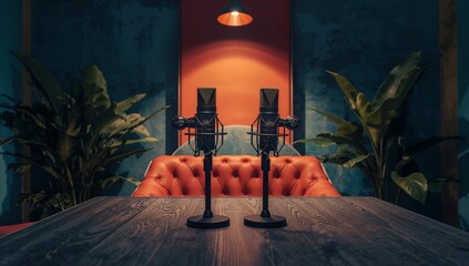 Two microphones stand ready on a wooden table, positioned in a studio-like environment. The scene is set with lush plants and a tufted leather sofa, suggesting a space for recording or broadcasting