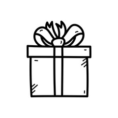 Hand Drawn Gift Box with Ribbon and Bow Isolated on White Background Simple Outline Illustration of a Present for Celebration Holidays and Occasions