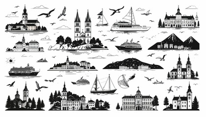 A collection of black and white travel icons depicting European coastal towns, historic architecture, islands, and sea vessels