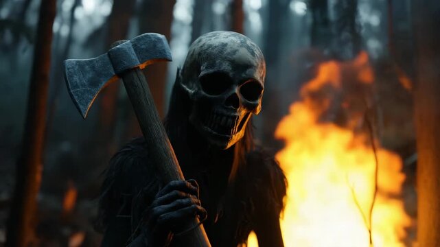 Skull Warrior Holding Axe in Dark Forest