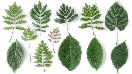 various green leaves arranged for a nature study, botanical collection