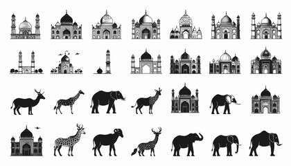 Fototapeta premium Architectural and Wildlife Silhouettes A Journey Through Global Icons and Natural Beauty