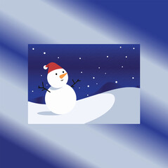 snowman with christmas ball, snowman in the snow, , Cute snowman in winter night landscape with falling snow — vector illustration, Creative digital Art with Abstract Background, 
