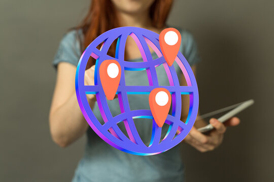 Stock photo of a woman using a tablet, interacting with a digital global network visualization. - Powered by Adobe