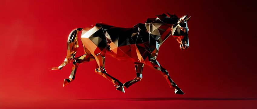 A modern, seamless loop animation of a running horse made of golden low-poly geometry. A stylish and abstract background for the Year of the Horse.