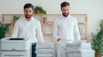 Two men in white shirts working with printer and large stacks of paper in modern office with plants and shelves, focused and calm atmosphere