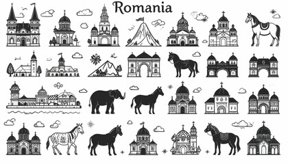 Naklejka premium A comprehensive collection of hand-drawn vector icons showcasing iconic Romanian landmarks, traditional architecture, and cultural symbols, ideal for travel, tourism, and design projects