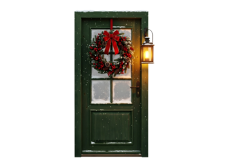 Dark green door with christmas wreath and lantern isolated on transparent background