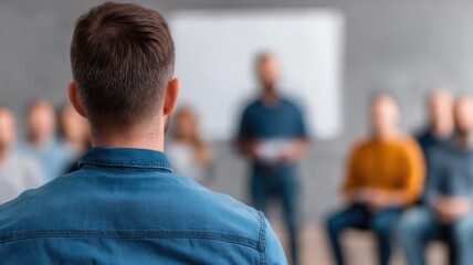 A man in a blue shirt facing a group of people in a meeting room with a whiteboard, focused on teamwork and communication in the office environment