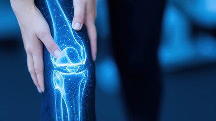 Knee pain concept with glowing digital hologram of human joint anatomy and hands touching affected area in blue light