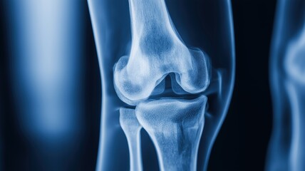 Human knee joint x ray showing detailed bone structure and joint space in medical diagnostic image with blue tones and high clarity
