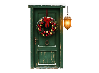 Dark green door with christmas wreath and lantern isolated on transparent background