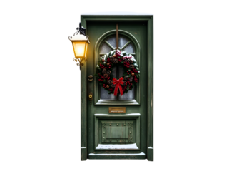 Dark green door with christmas wreath and lantern isolated on transparent background