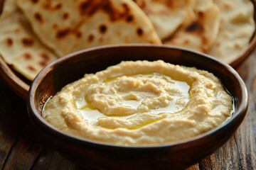 Homemade Chickpea Hummus Bowl with Crispy Pita Chips Served on Rustic Table Representing Healthy Mediterranean Food