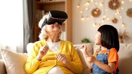 A grandmother is learning Virtual Reality technology alongside her grandchild, showcasing intergenerational connection and learning - Powered by Adobe