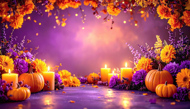 Vibrant Halloween background with pumpkins, candles, and colorful orange-purple floral decorations.