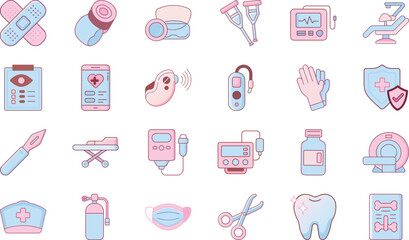 Modern Flat Medical and Healthcare Icon Collection in Soft Pink and Blue Colors – Hospital and Clinic Equipment, Doctor and Nurse Tools, Health Devices, Pharmacy Symbols, Emergency Kit, Vaccine Bottle
