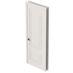Naklejka premium A pristine white door, showcasing a classic design with recessed panels and a sleek, contemporary handle, stands out against a clean white background.