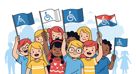 Illustration of diverse children holding flags with the international symbol of access, promoting inclusivity.