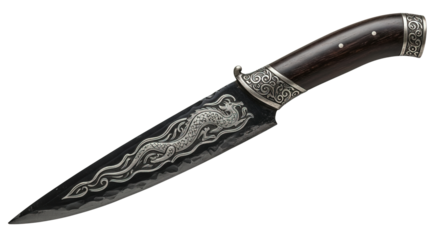 Close up of a black knife with a dragon design on the blade , transparent png