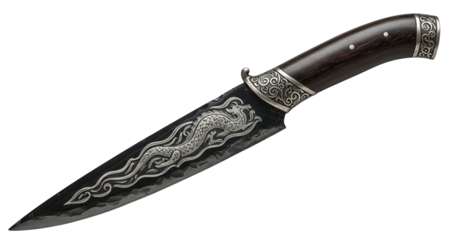Close up of a black knife with a dragon design on the blade , transparent png - Powered by Adobe